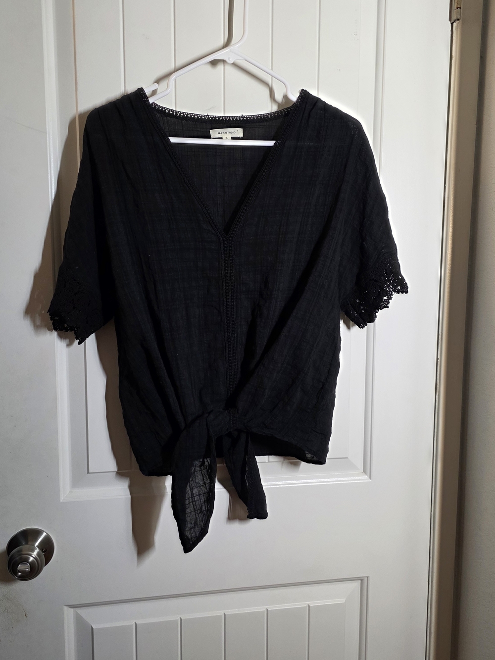 Max Studio Black Tie-Front Crochet Sleeve Top